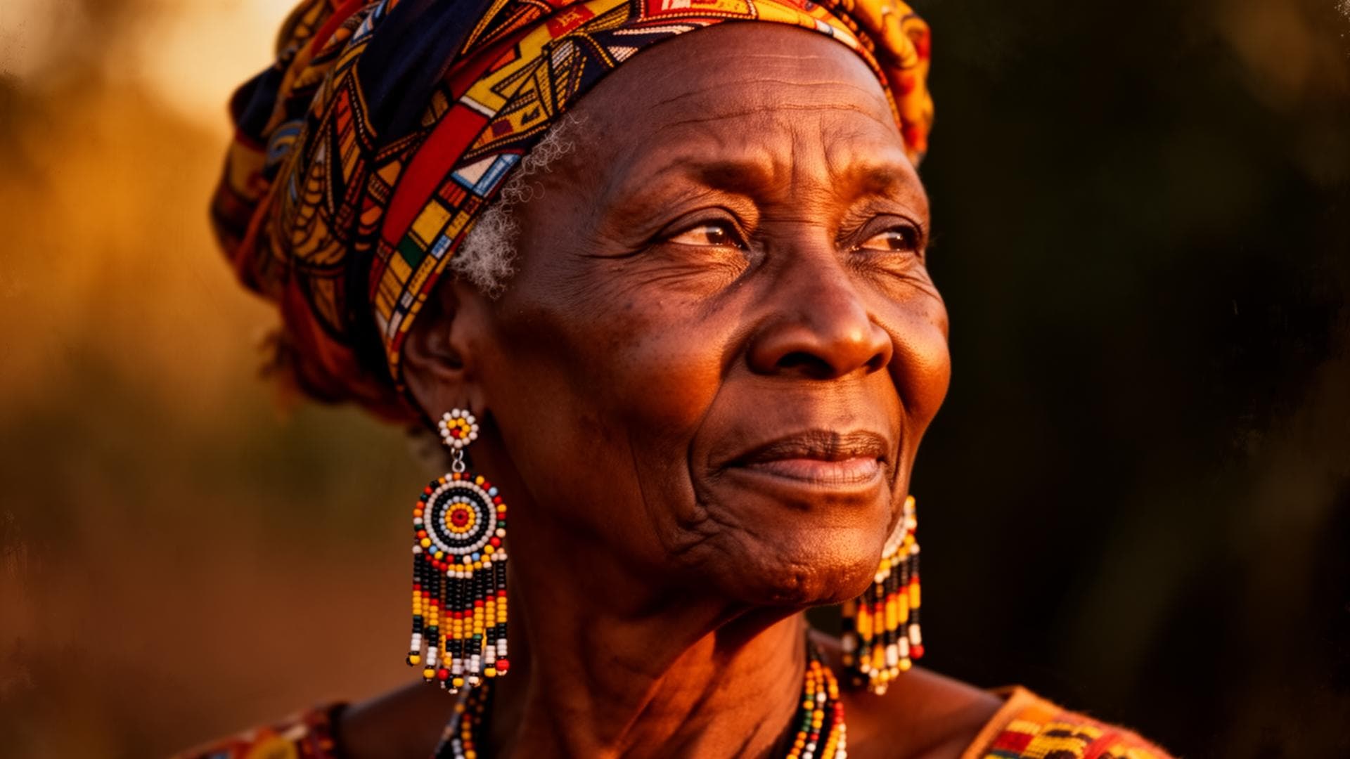 Elder African woman in traditional headwrap and beaded earrings